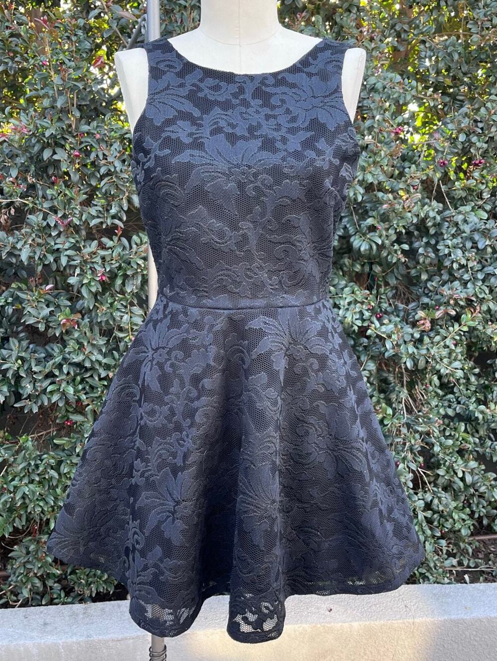 Y2K Vintage Black Floral Lace Fit Flare Sleeveless Mini Dress Medium USA Made